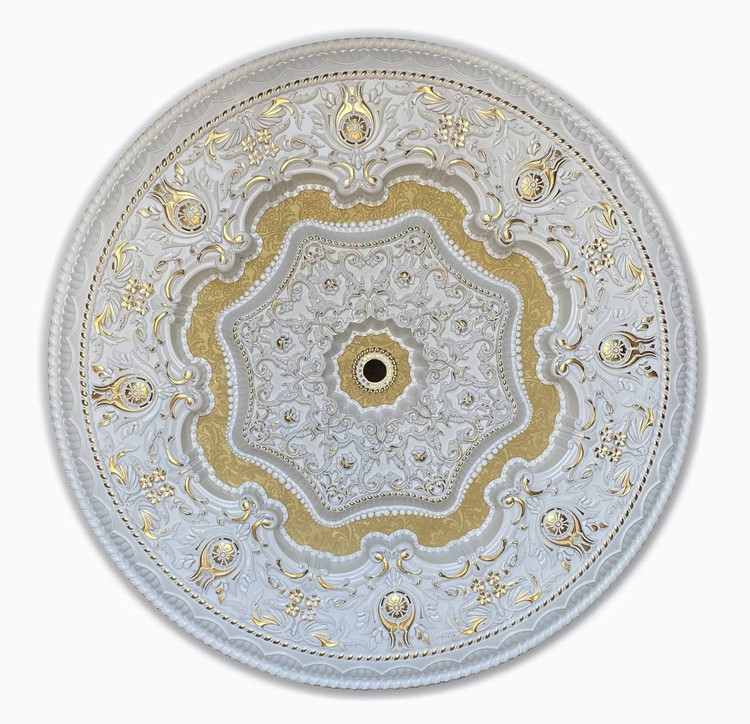 قیمت گل سقفی دور لوستری زیر لوستری پیش ساخته تزیین سقف دایره شمسه پی وی سی قابل شستشو سپاهان سقف سفید طلایی