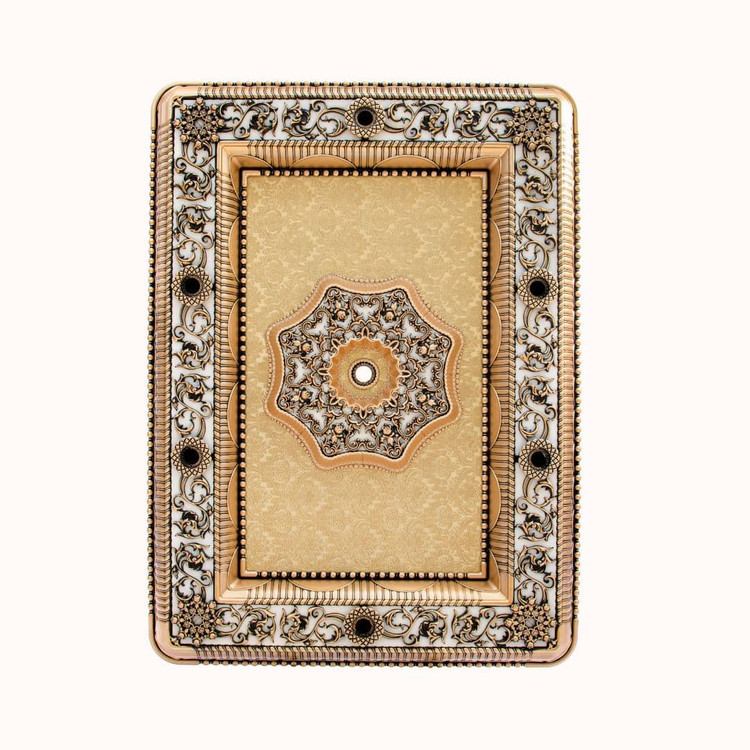 خرید گل سقفی دورلوستری مستطیل هالوژن دار نورا پی وی سی 110 در 150 سانتی سپاهان سقف طلایی مشکی