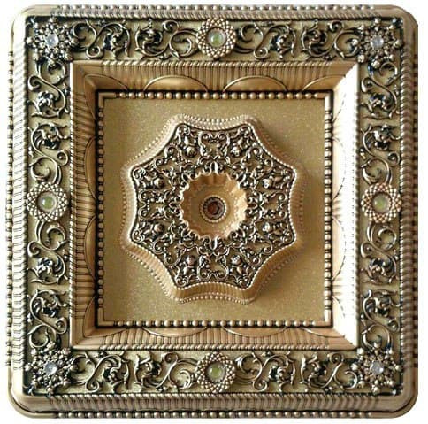 قیمت گل سقفی دورلوستری زیر لوستری پیش ساخته مربع هالوژن دار نورا پی وی سی 110 سانتی سپاهان سقف طلایی مشکی