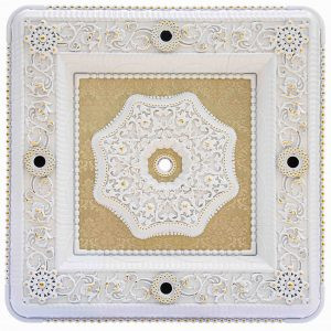 خرید گل سقفی دورلوستری مربع هالوژن دار نورا پی وی سی 110 سانتی سپاهان سقف سفید طلایی