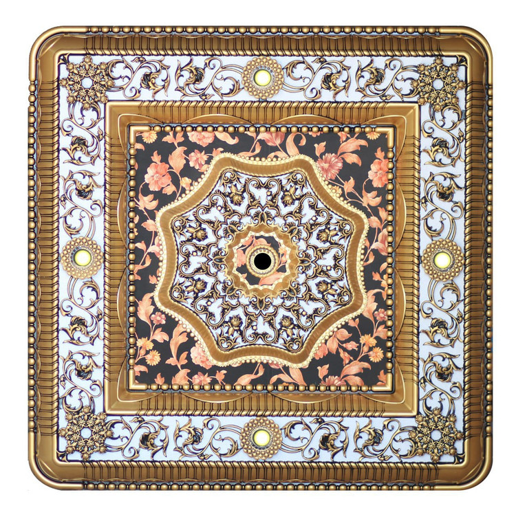 خرید قیمت گل سقفی زیر لوستری تزیین سقف مربع 70 سانتی هالوژن دار پی وی سی ضدآب طلایی مشکی