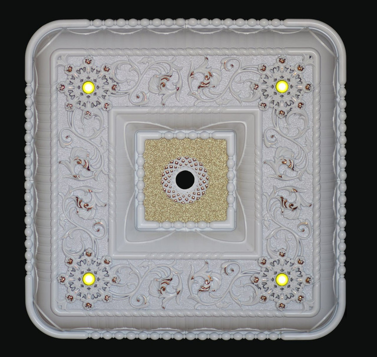 قیمت گل سقفی زیر لوستری تزیین سقفقیمت مربع 70 سانتی هالوژن دار پی وی سی ضدآب سفید طلایی سبک