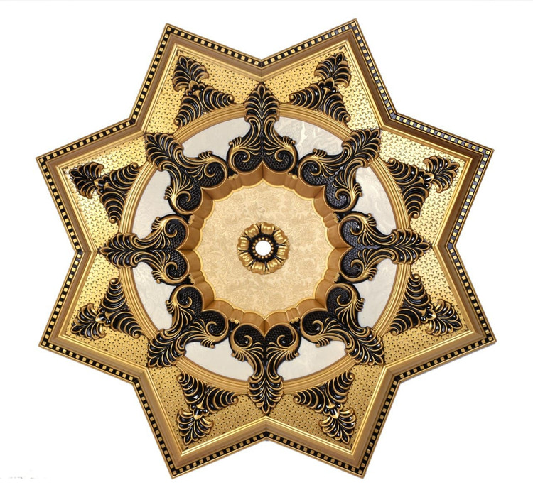 قیمت گل سقفی زیر لوستری دور لوستری پیش ساخته تزیین سقف مربع 140 سانتی ستاره ایی تارا پی وی سی ضدآب طلایی