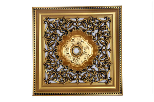 قیمت گل سقفی زیر لوستری پیش ساخته تزیین سقف مربع 60 سانتی تارا پی وی سی ضدآب طلایی