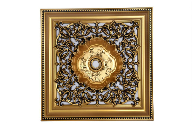 قیمت گل سقفی زیر لوستری پیش ساخته تزیین سقف مربع 60 سانتی تارا پی وی سی ضدآب طلایی