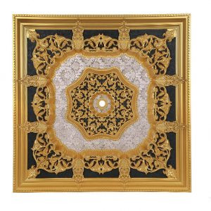 قیمت گل سقفی زیر لوستری تزیین سقف مربع 120 تارا پی وی سی ضدآب طلایی