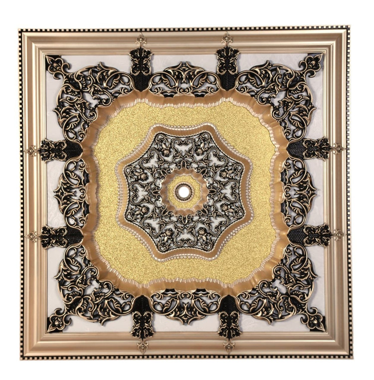 گل سقفی زیر لوستری دور لوستری پیش ساخته تزیین سقف مربع 120 تارا پی وی سی طلایی مات مشکی ضدآب