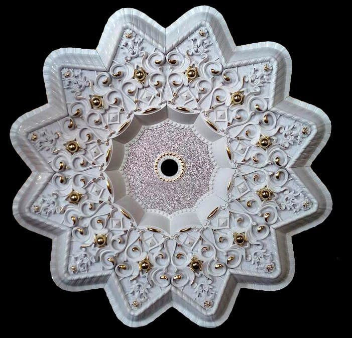 گل سقفی دورلوستری زیرلوستری تزیین سقف مدل خورشیدی پی وی سی سپاهان سقف سفید طلایی